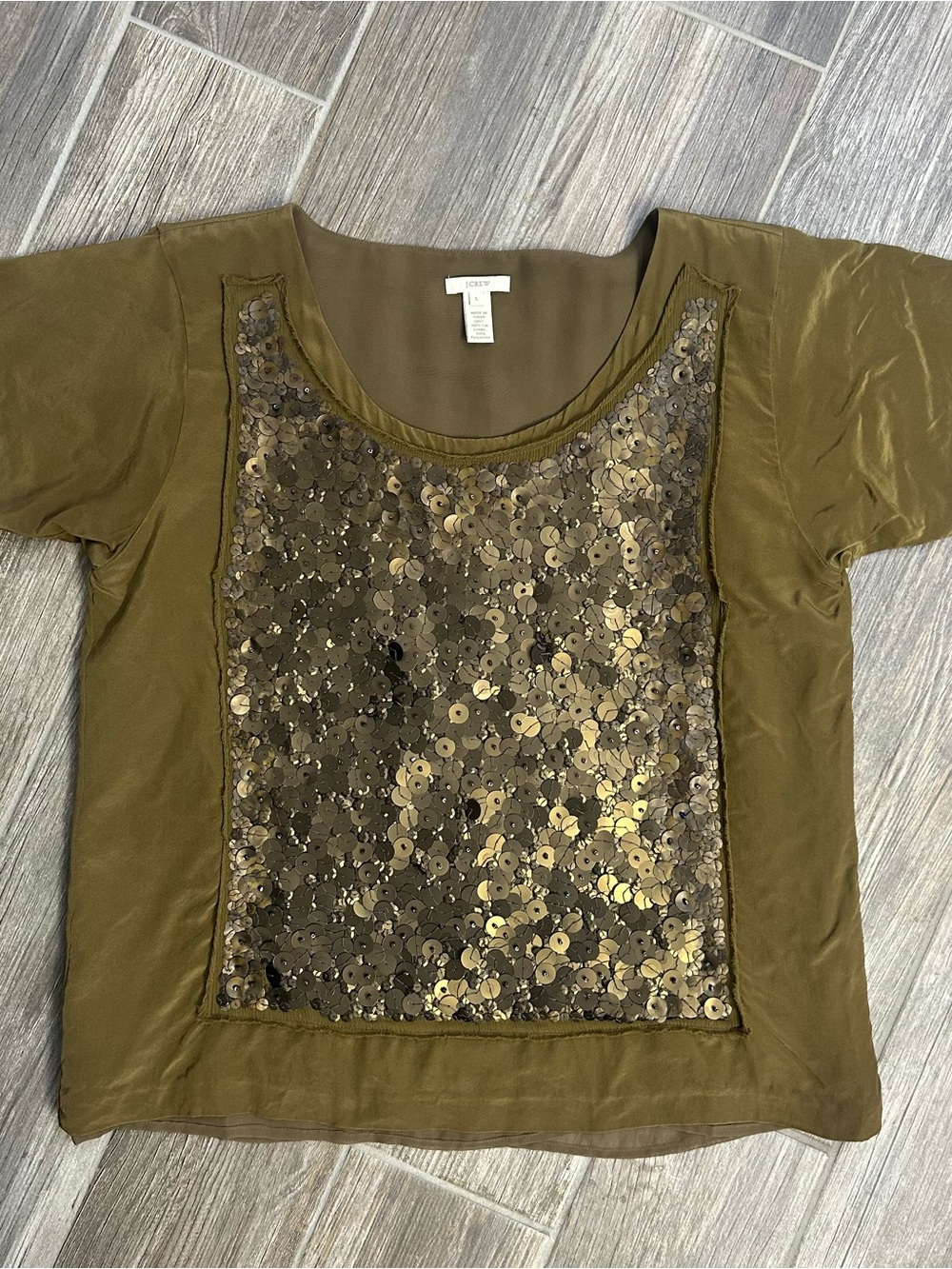 J. Crew Sequin Panel Raw Edge Silk Trim Short Sleeve Shirt Large - Picture 3 of 9